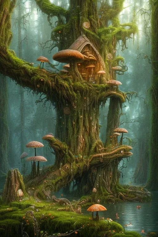 high-quality, fine-detail beautiful, breath-taking forest with gnarled trees, flowers, clear reflective lake, some mushrooms, dragonflys, tranquil, stunning, 8k resolution, intricate, digital art, detailed matte, volumetric lighting, George Grie, Anne Dittman, Anne Stokes, Lisa Parker, Selina French, Alphonse Mucha