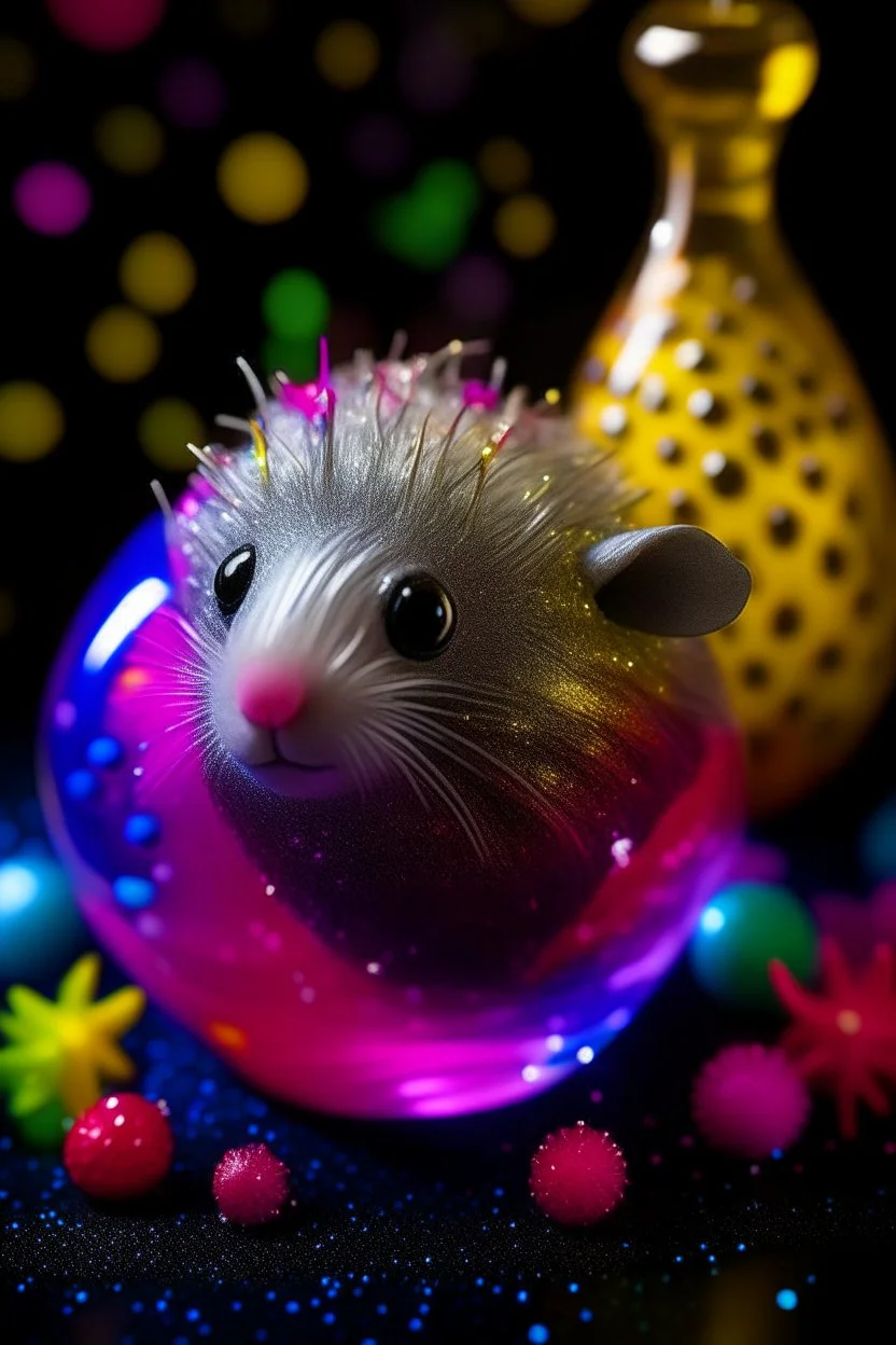 portrait of glittery haired twisted porcupine slug otter on a yoga space ship made of ice cream, smiling with beautiful shiny ears, each inside a pile of transparent jelly bubbles of weird colors with insect aliens inside, disco egg made of small mirror, light rayz, feast table ,shot on Hasselblad h6d-400c, zeiss prime lens, bokeh like f/0.8, tilt-shift lens 8k, high detail, smooth render, down-light, unreal engine, prize winning