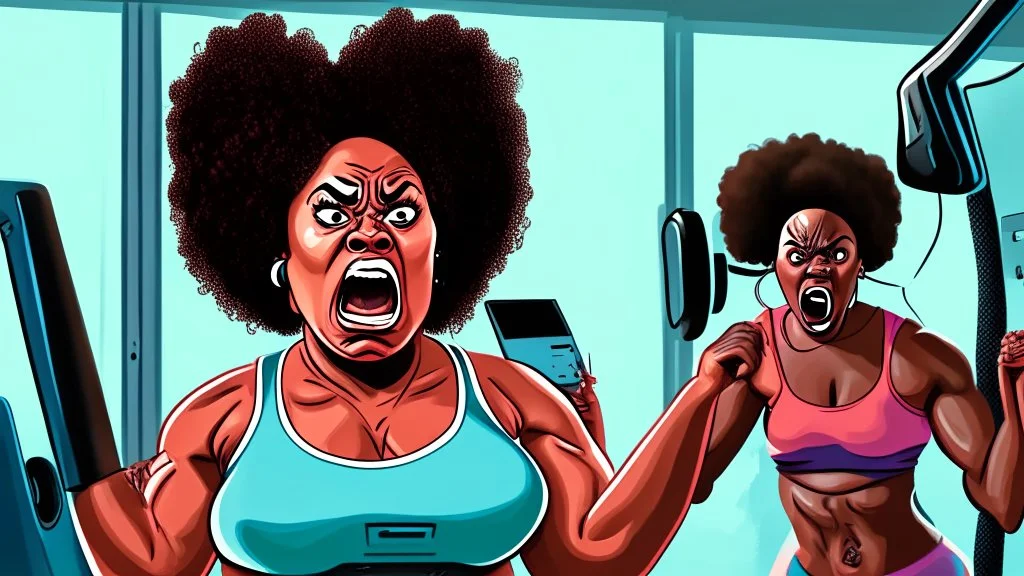 angry black lady screams while talking to Tyrone using workout machine on the phone