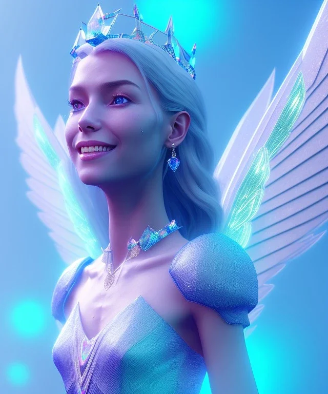 A smiling crystalised queen, atmospheric, realistic, unreal engine, cinematic lighting, octane render. blue, pink, transparency, light, shine,bright, full body, transparent wings, blonde, long hair, nice smile