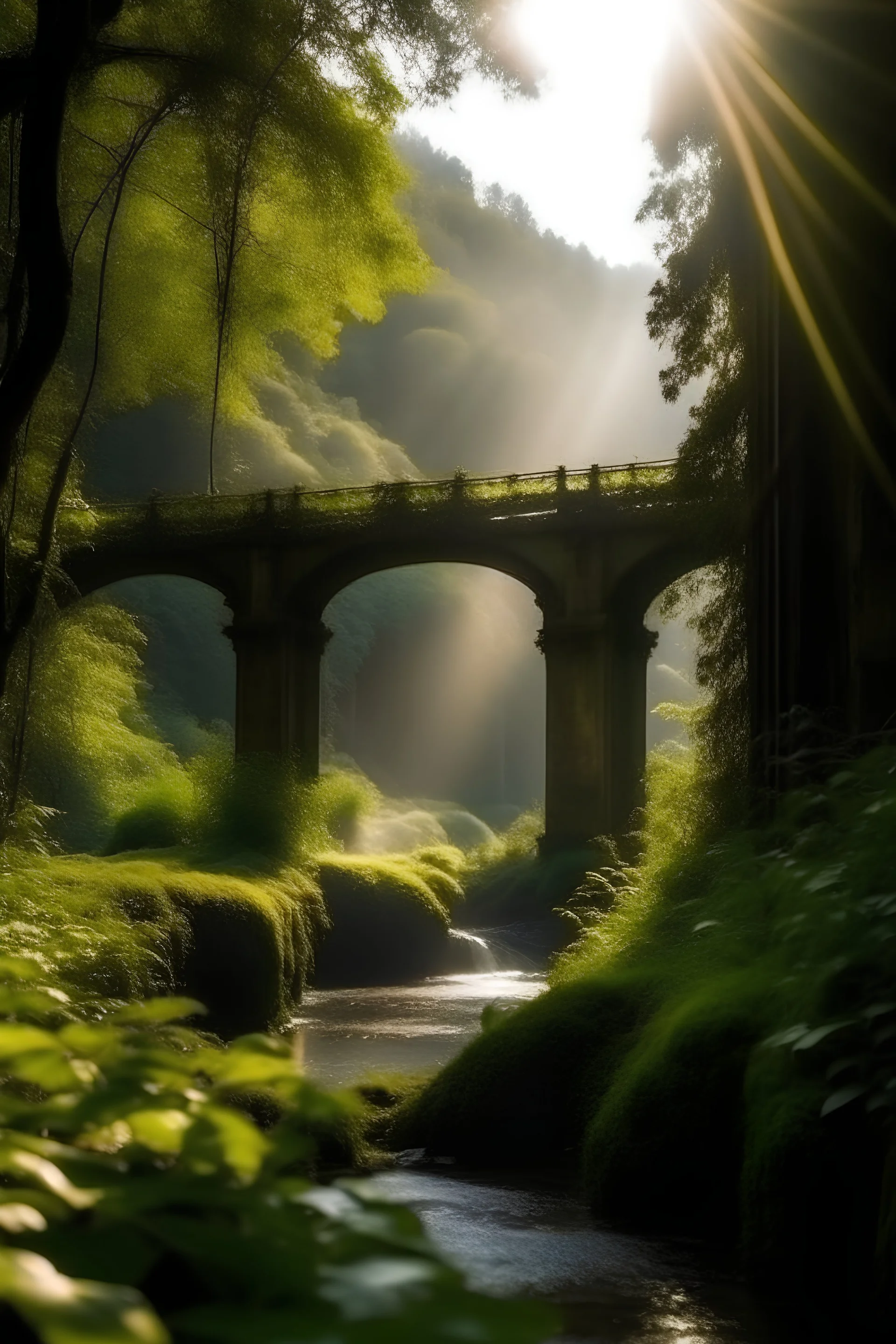 un puente adornado para el paso de personas importantes al pie de una cascada entre denso flora cubierta de la luz de la mañana