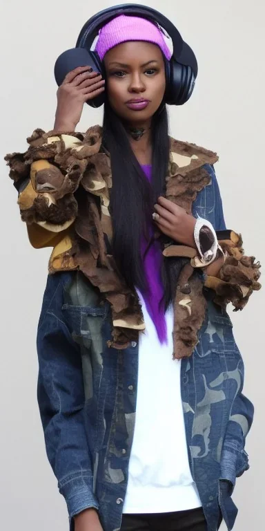 Woman black hair. average body type. big head. Mantle is sewed of upcycled Denim and sewed together of camouflage pieces. Pieces' color are orange, cream and purple. It is with big bright purple felt tippet and cream-colored-hood. mantle is merged with satchel. . Big AKG-style headphones (gold rings!) is merged with small felt cap with small visor. Style: Haute Couture in 1910's, Paris fashion in 1998, inspired by street art. blue latex gaiters. Her head and rest body!