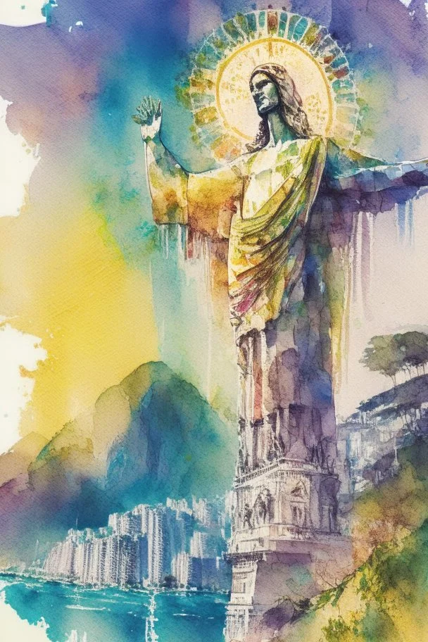 Rio de Janeiro with the Christ Statue watercolor and ink, intricate details, fantasy, beautiful, award winning, colorful, fantastic view, crisp quality, in sunshine