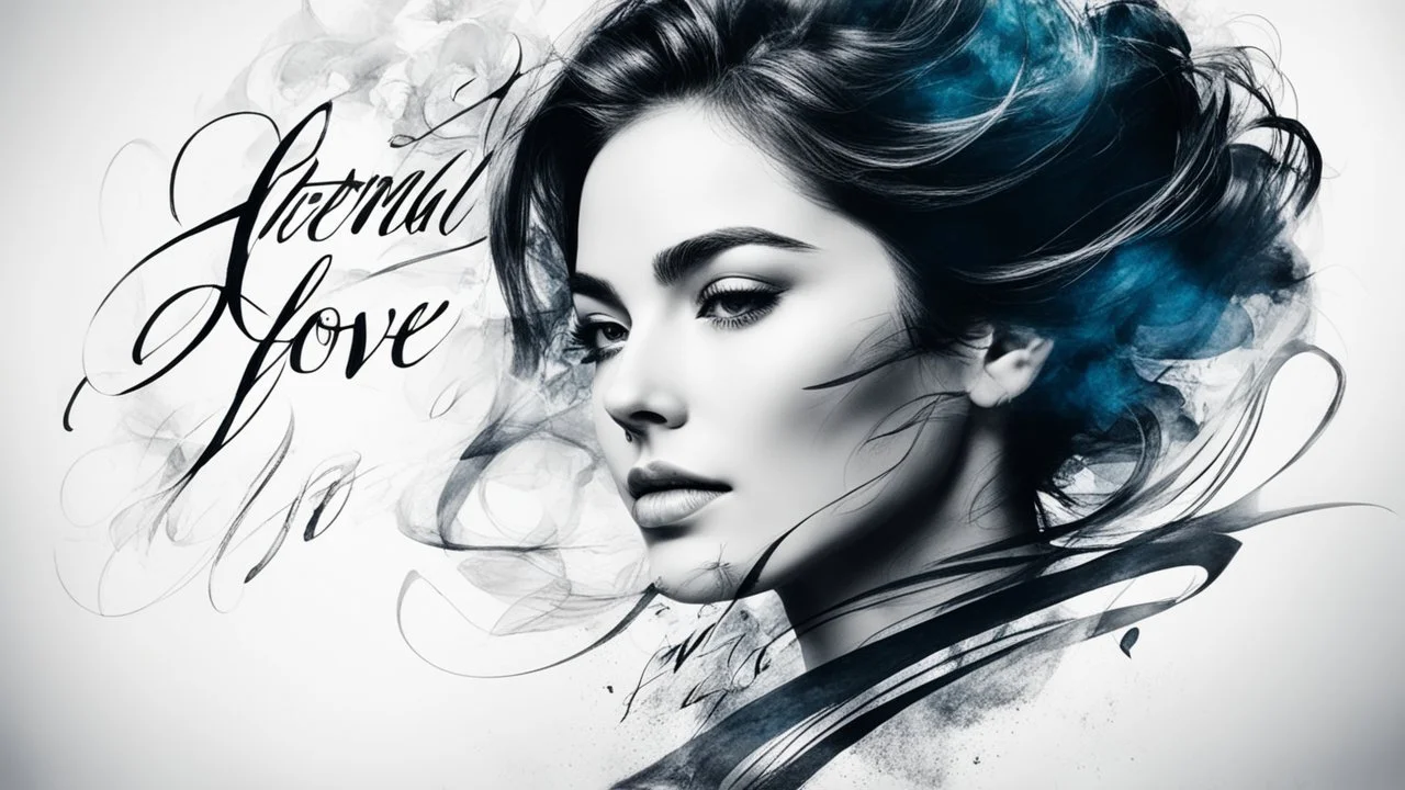 calligraphy Portrait of a woman drawn in calligraphy style, calligraphy text "eternal love", double exposure,