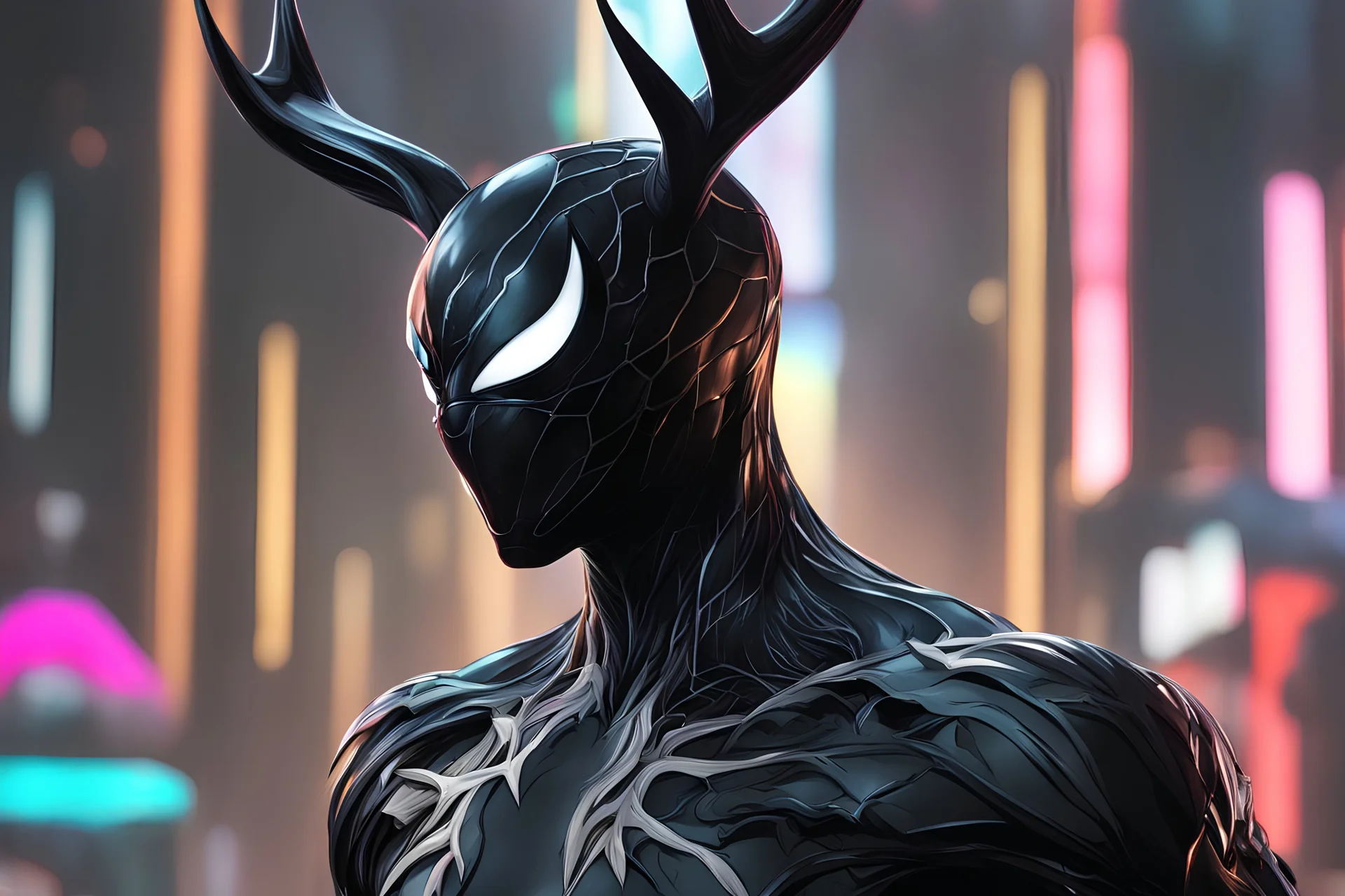Black Shadow symbiote in 8k realistic anime e drawing style, close picture, Deer them, neon color, intricate details, highly detailed, high details, detailed portrait, masterpiece,ultra detailed, ultra quality