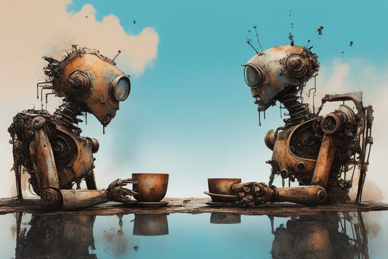 two crazy rusty scrappy robots drinking coffee in urban decay, negative space, wet print, ink leak, overheat, dramatic, cinematic, sudden jolt dynamics, amazing reflections and parallels and verticals, Afro-futurism, surreal futurist architecture art, surreal liminal space, tribal vibe and patterns, colors of light sky blue and beige and black