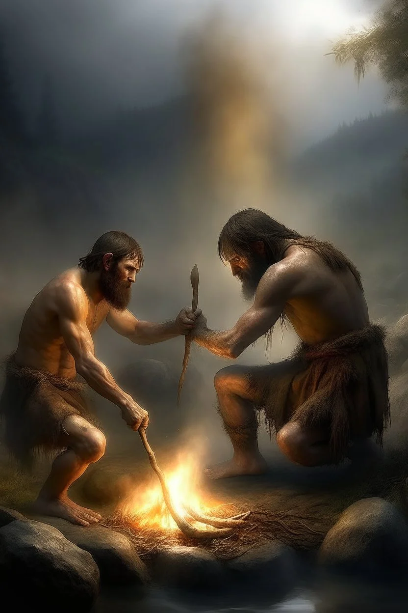 Create an image of two prehistoric human characters in an early Stone Age setting, surrounded by a dusky, misty environment suggestive of early morning. One character is bending over, inadvertently creating a stream of fire from their posterior, a humorous play on the discovery of fire. The other character, standing upright, is holding a primitive tool and laughing heartily at the scene. Both are wearing rough animal fur clothing. The scene is lighthearted, capturing a comedic moment between tw