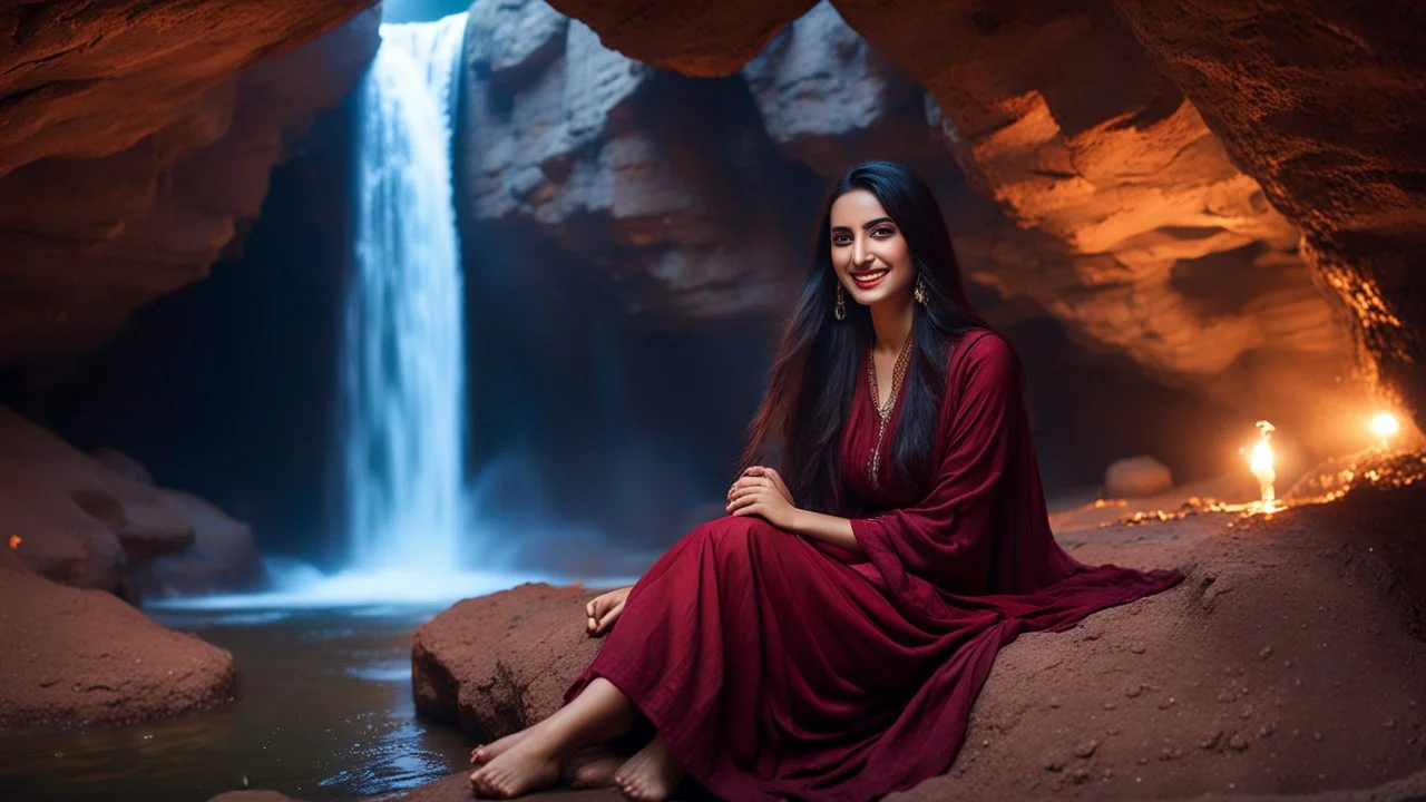 Hyper Realistic Photographic Outside View Of A Gorgeous Pashto Young Woman (Wearing Simple Maroon Colored Dress & Wearing Plain Maroon Dupatta On Her Neck) Happily Sitting & Smiling Boldy In A Cave & Showing Her Long Black Hair & her Legs Are In The Lakewater With Waterfall View Outside, With Heavy Rain Outside Cave At Dark Night Showing Dramatic & Cinematic Ambiance.