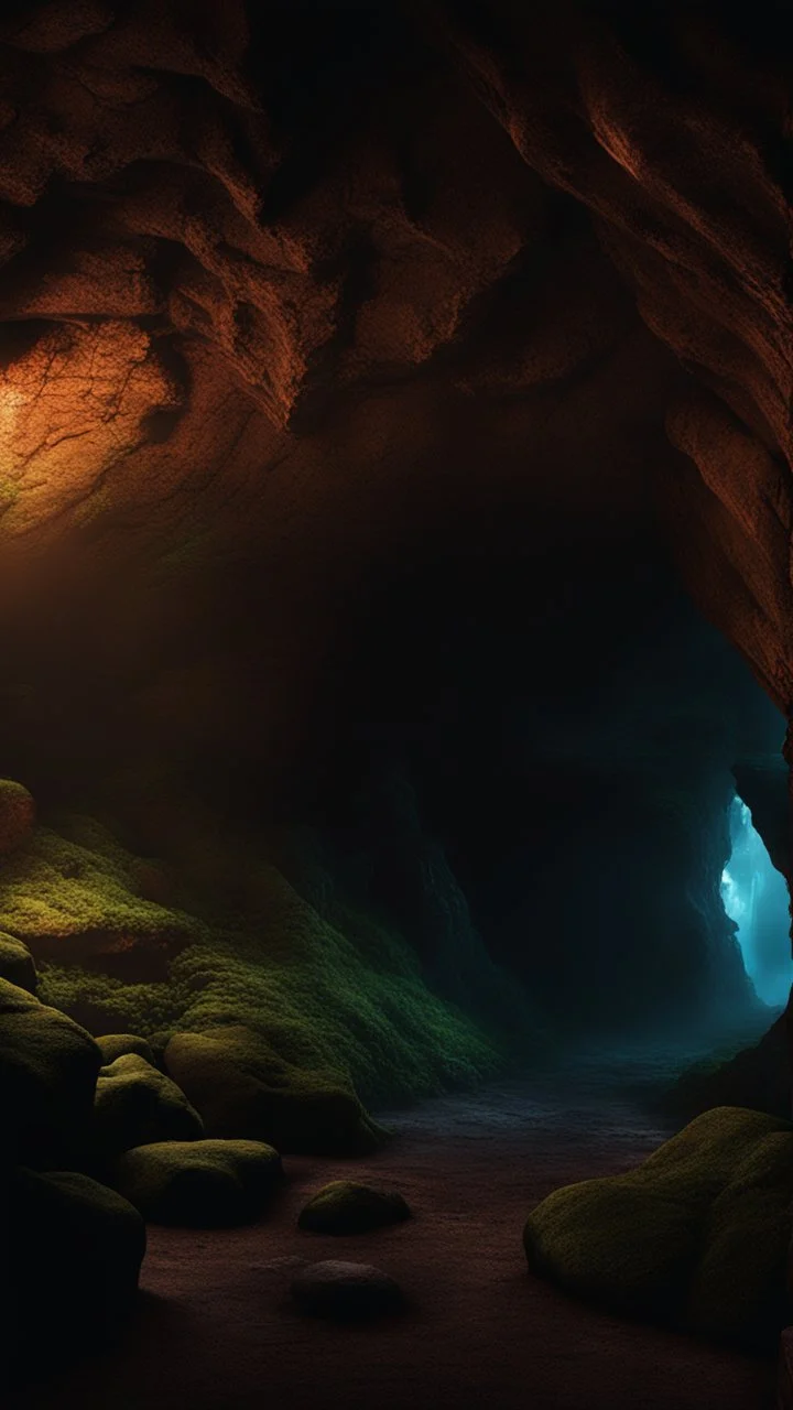 Cave at the edge of the woods dark fantasy hyperrealistic 4k