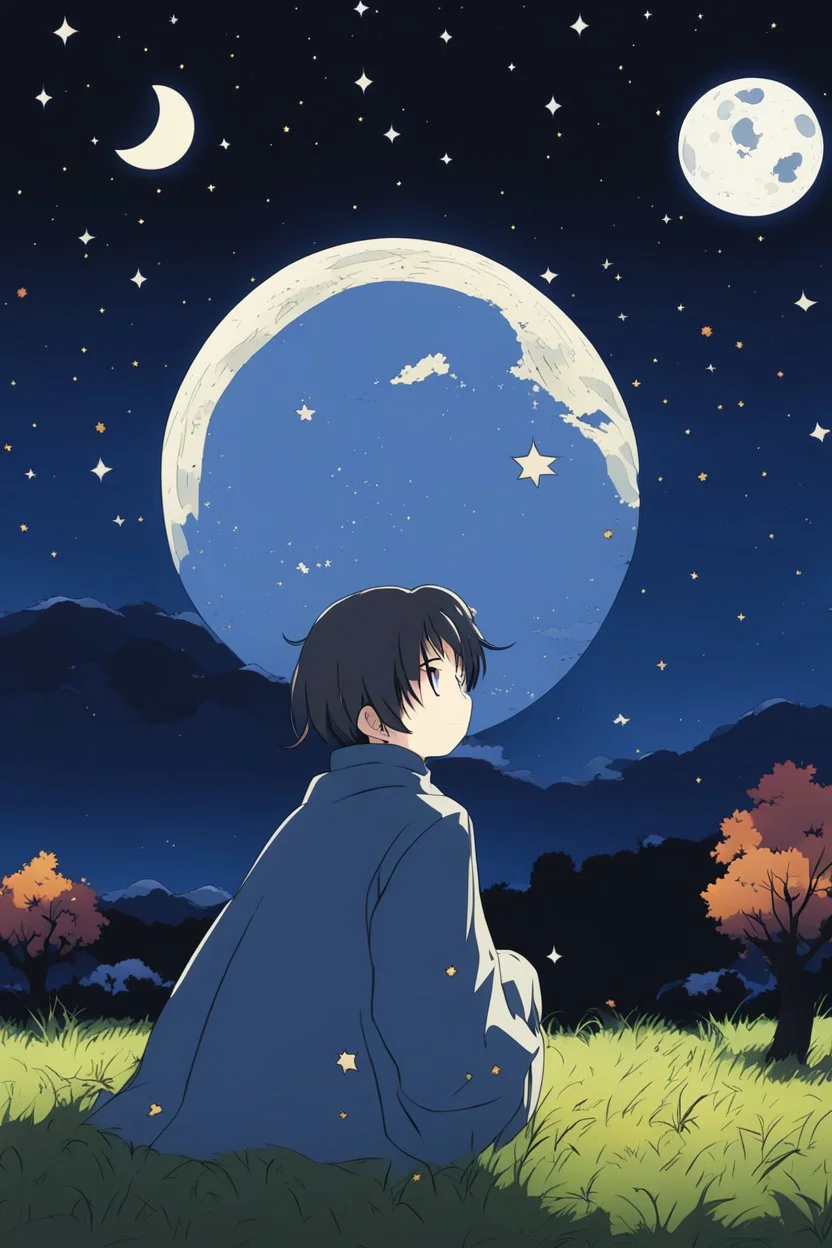 starry night with only one full moon in a pasture during fall anime