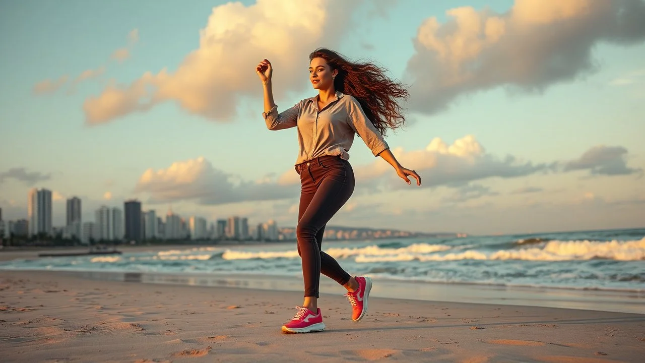 beautiful lady with makeup in pants and pretty shirt curvy long hair sport shoes dancing in sea side over soft sands ,modern city escape at dintant ,pretty clouds, golden hour