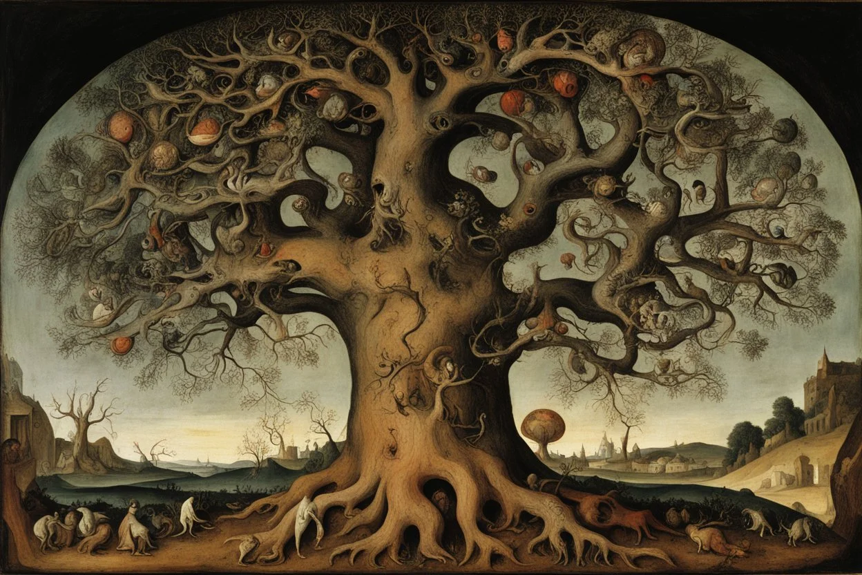 gnarled and twisted tree of life with faces and bodies in the trunk, deep colour, Hieronymus Bosch