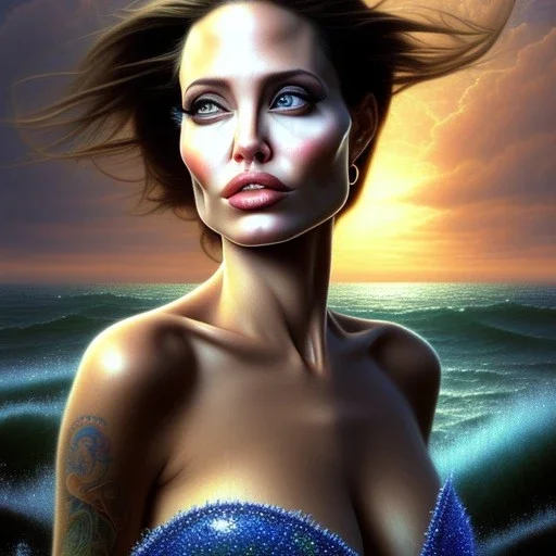 A beautiful portrait of Angelina Jolie as a mermaid , leaning on a ships deck ,Rough sea in the background, (digitall art by Eugene de Blaas and Ross Tran, vibrant color scheme, highly detailed, in the style of romanticism, cinematic, artstation best quality, realistic lighting, masterpiece portrait, details light dusting , cowboy shot from above, simple chain hauberk Vector art digital illustration 3D shading )