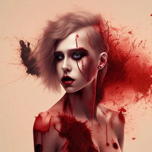 singer Danish MØ, background liquid, blood, hair guts, darkred tones,