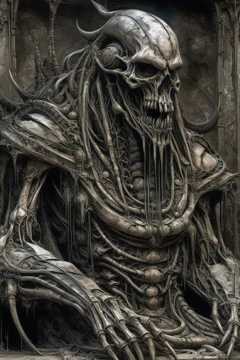 sculpture of a king , decayed and rotting with grotesque proportions and imagery. abstract grotesqueries, detailed texture, surreal horror, biomechanical design, by hr giger and beksinski
