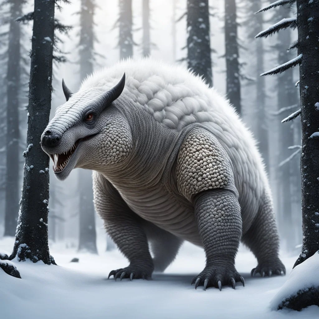 an alien monster, armoured body like an armadillo but it's as big as a polar bear. White, mouth filled with jagged teeth. long scaled tail. Clawed feet. in a snowy forest.