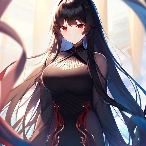 Clear focus, high resolution, black long fluffy hair, red eyes, wearing a detailed outfit