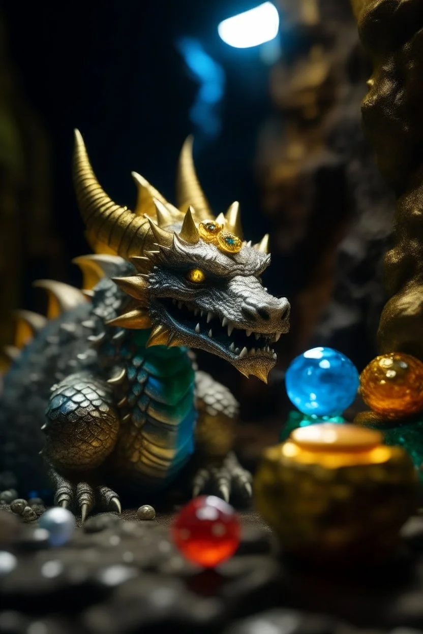 acrylic and spray paint, the beast who prefers quantity over quality, dragon hoarding gold, gems, pearls and bitcoin in cave palace, zeiss prime lens, bokeh like f/0.8, tilt-shift lens 8k, high detail, smooth render, down-light, unreal engine, prize winning