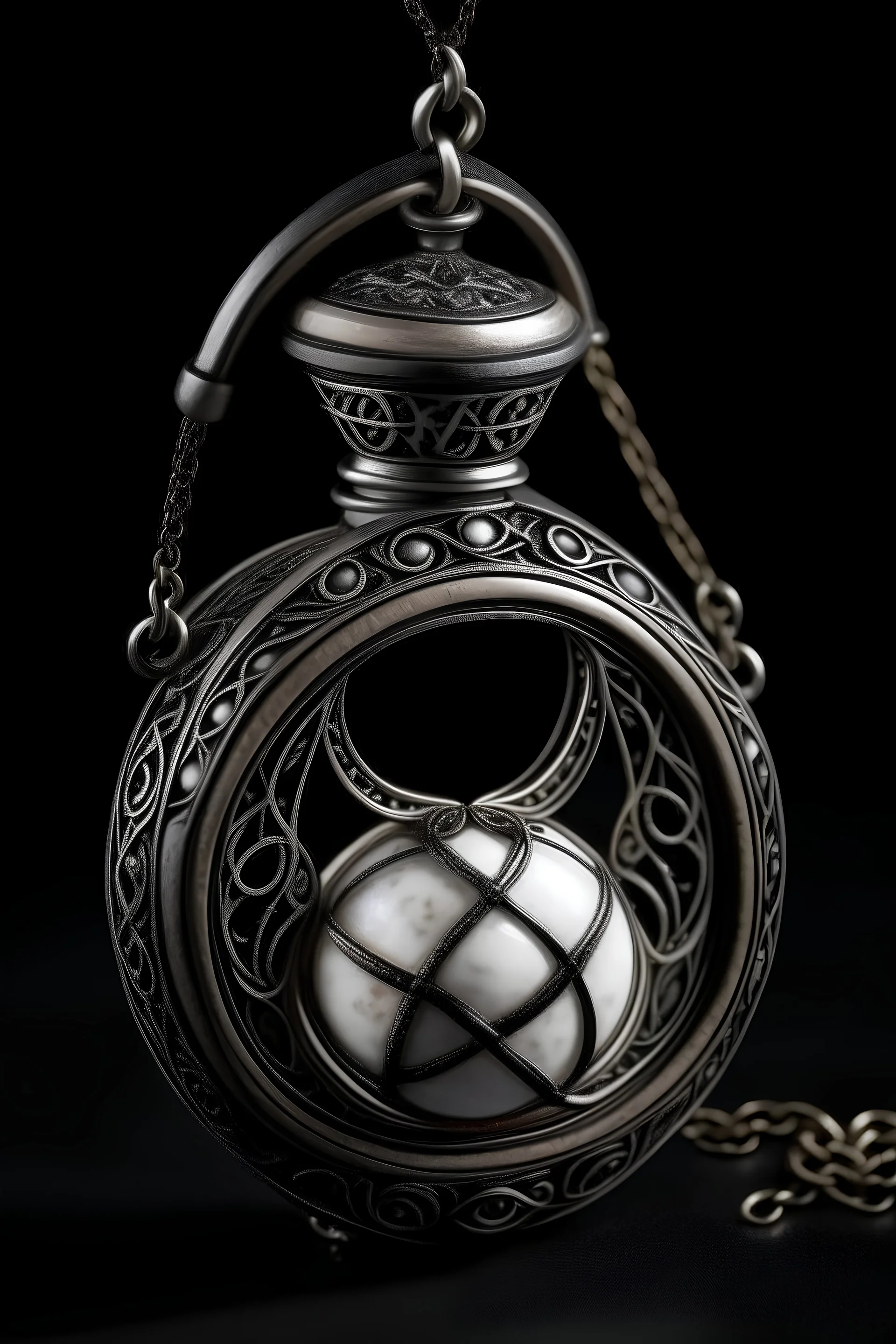 A magical locket filigreed with silver in the shape of an hourglass made of bone