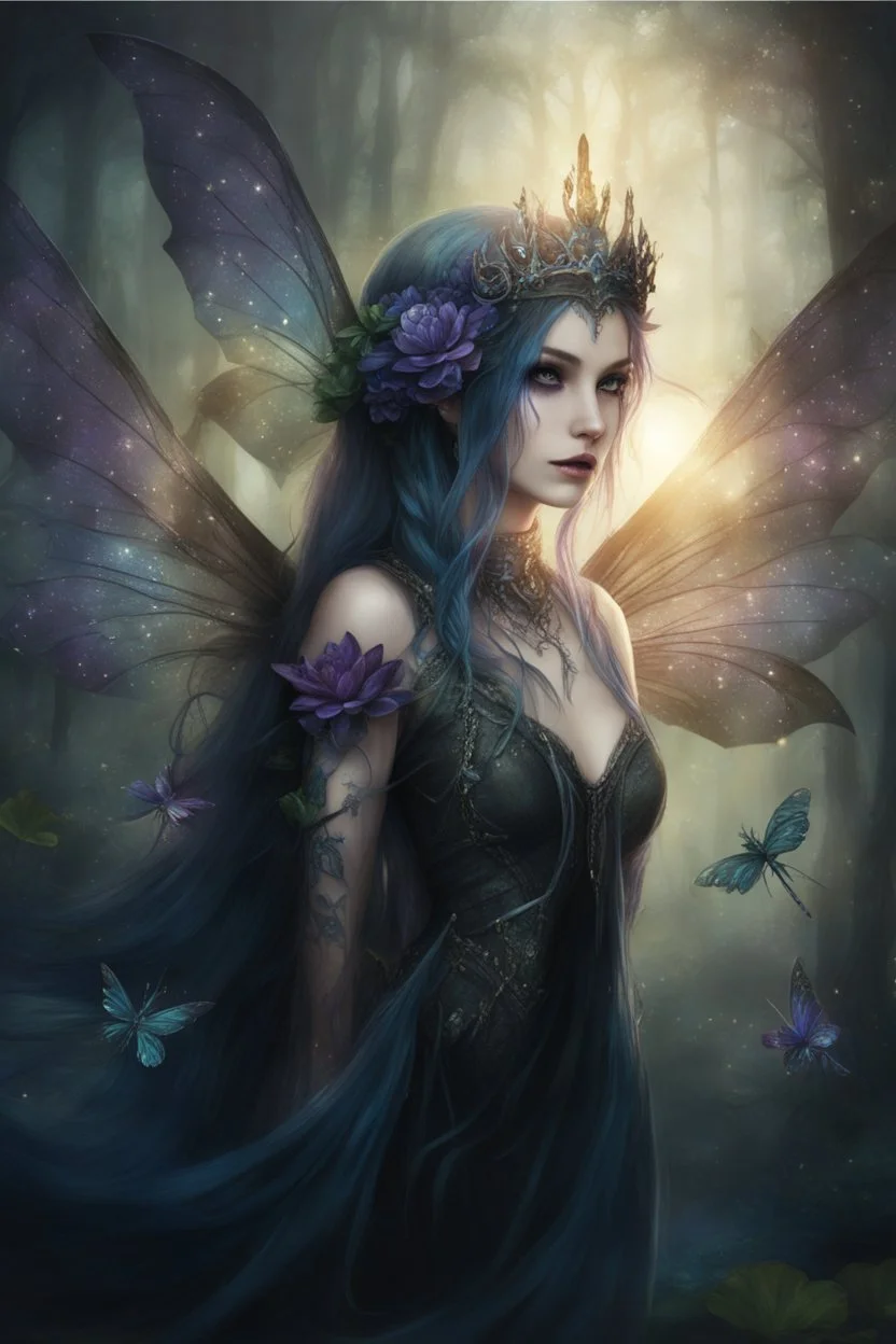 Blue hair , , dark Fairy wings Purple hair,water lilies,dark fairy princess,nymph,elven crown,dragonflies,tiara,,gothic,glitter,rapunzel hair, very long hair, sparkle