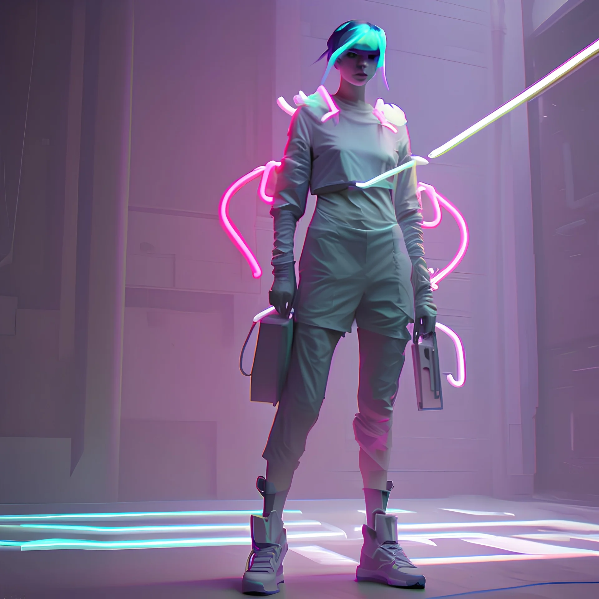 loish, jeremy mann, full body shot, character sheet, lightningwave, 3d, cgi, glowing neon, cyberpunk, streetwear outfit, ☂️, neon city