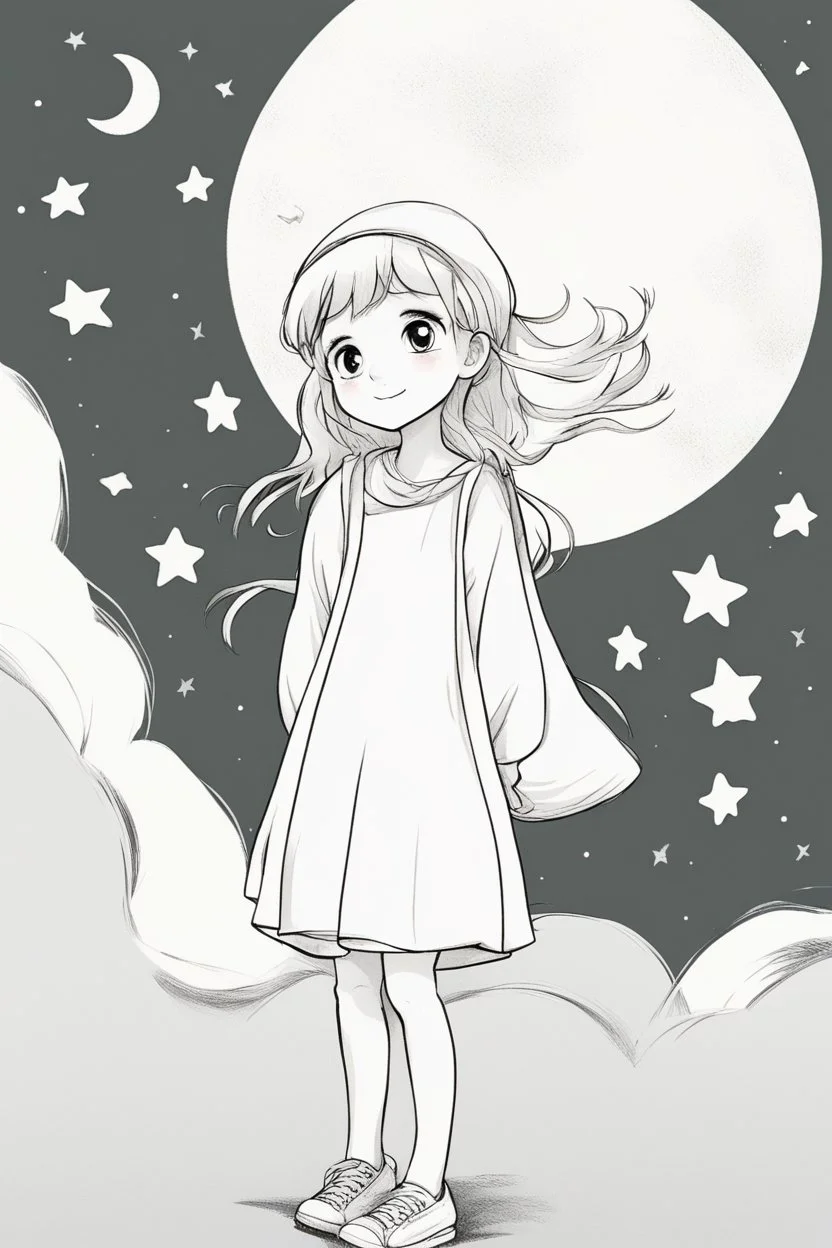 A little girl gazing at the night sky filled with stars and crescent moons. Incorporate stars of different sizes and crescent moons for a dreamy scene..,very happy , Colloring page for todlliers ; basic hawali style cartoon , black and white , ink outlines , , smooth , anime style , minimalist , cute eyes , full body , white shose , sketchbook , realistic sketch , free lines , on paper , character sheet , clean line art high detailed