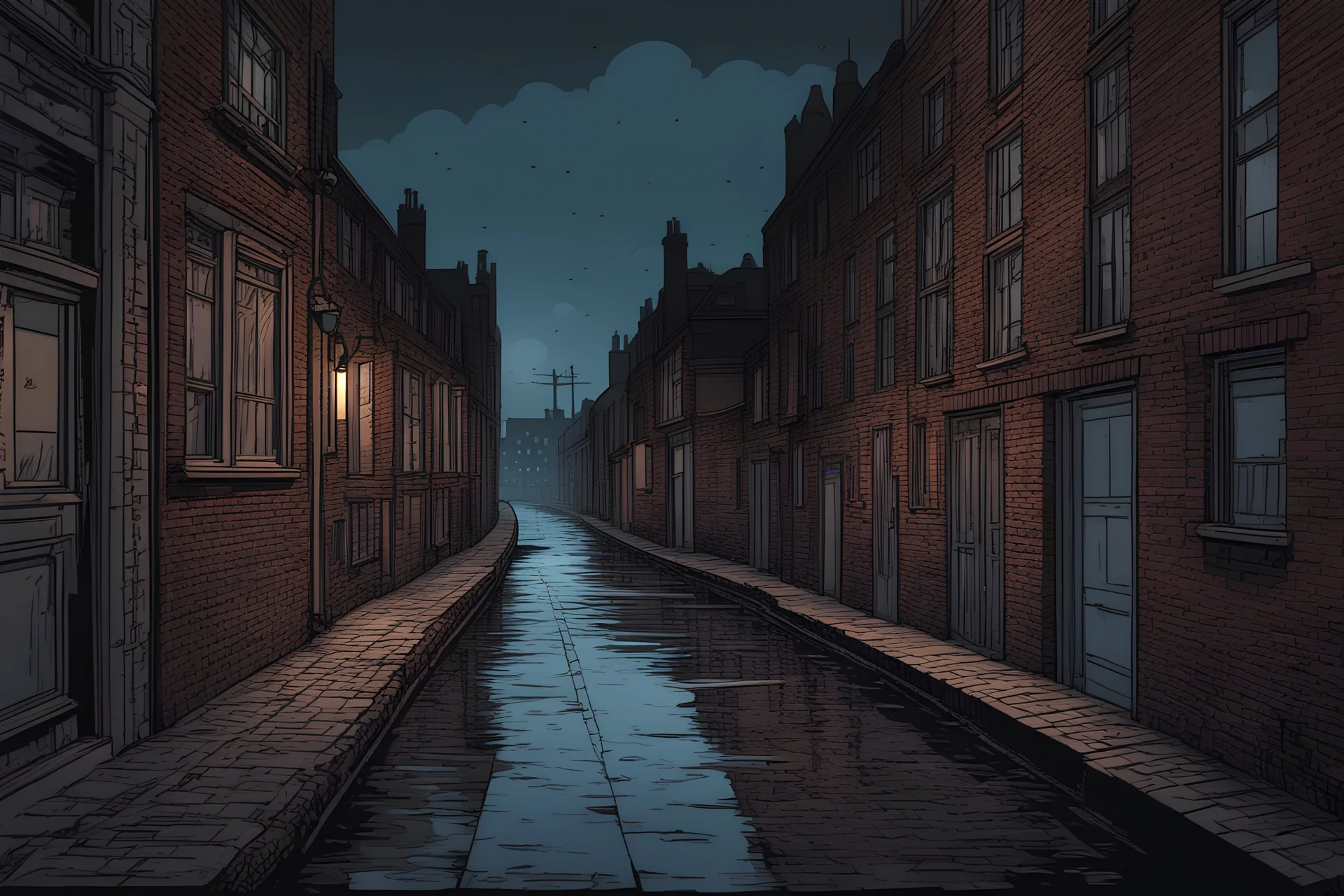 2d flat, comic book, whitechapel street, night, victorian, city london moody, dark, sad, brick, gutter, canal