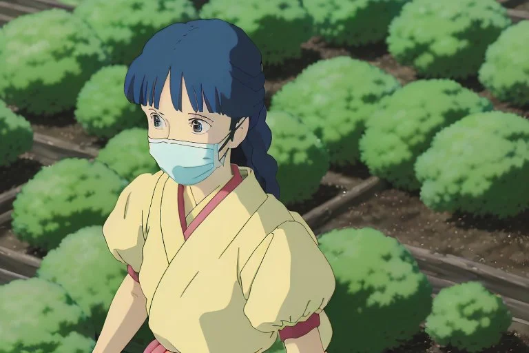 A young woman, Yui, is seen inside one of the biodomes tending to a variety of plant life. Her eyes reflect determination and spirit. She wears a respirator around her neck, a symbol of the harsh outside world and her chronic lung condition.