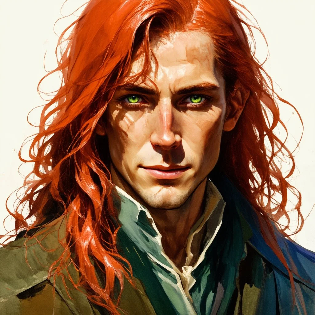 dnd, fantasy, watercolour, stylistic, portrait, illustration, dull colours, male, face, narrow long face, weathered face, green eyes, determined, happy, red hair, very long hair streaming down the shoulders, radiating light, five o'clock shadow