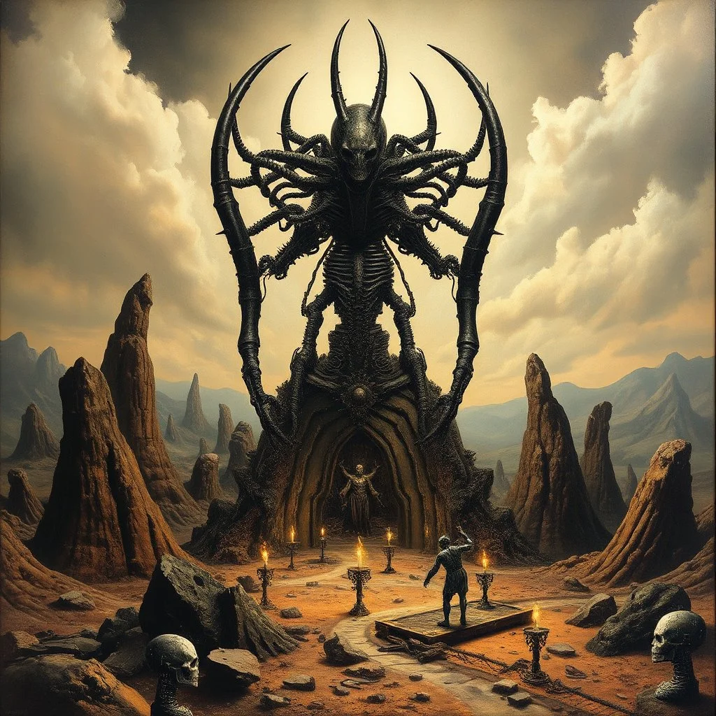 Surreal biomechanical landscape seance ritual painting by H.R. Giger similar to the art in the Necronomicon, Der Meister und Margarita, fantastical, Alien aesthetic, double exposure effects