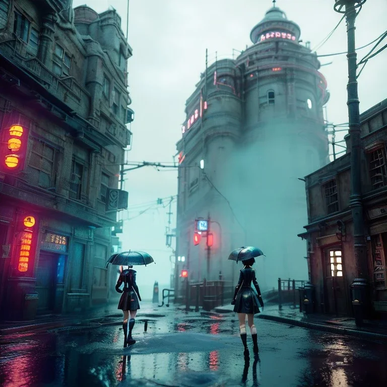 short medium shot, Pretty ciborg woman, pub, Akira anime style, portrait, rain, fog, white and gold dress, studio scene, blue light, red lights, hoodie, feathers, cyberpunk geisha style, leather, vibrant color, highly detailed, art stations, concept art, smooth, unreal engine 5, god rays, ray tracing, RTX, lumen lighting, ultra detail, volumetric lighting, 3d, finely drawn, high definition, high resolution, neon background.