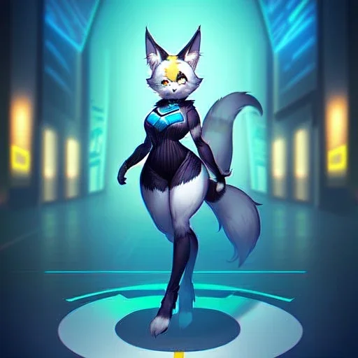 A fox fursona, Furry art, Digital art, cyberpunk, High quality, Backlighting, female, anthropomorphic, full body portrait, 8k resolution, fox tail, Realistic, high quality, great details, within portrait, masterpiece, best quality, cinematic lighting, detailed outfit, vibrant colors, perfect eyes, furry, human body, robotic arm, sfw, robotic, in the style of titanfall2