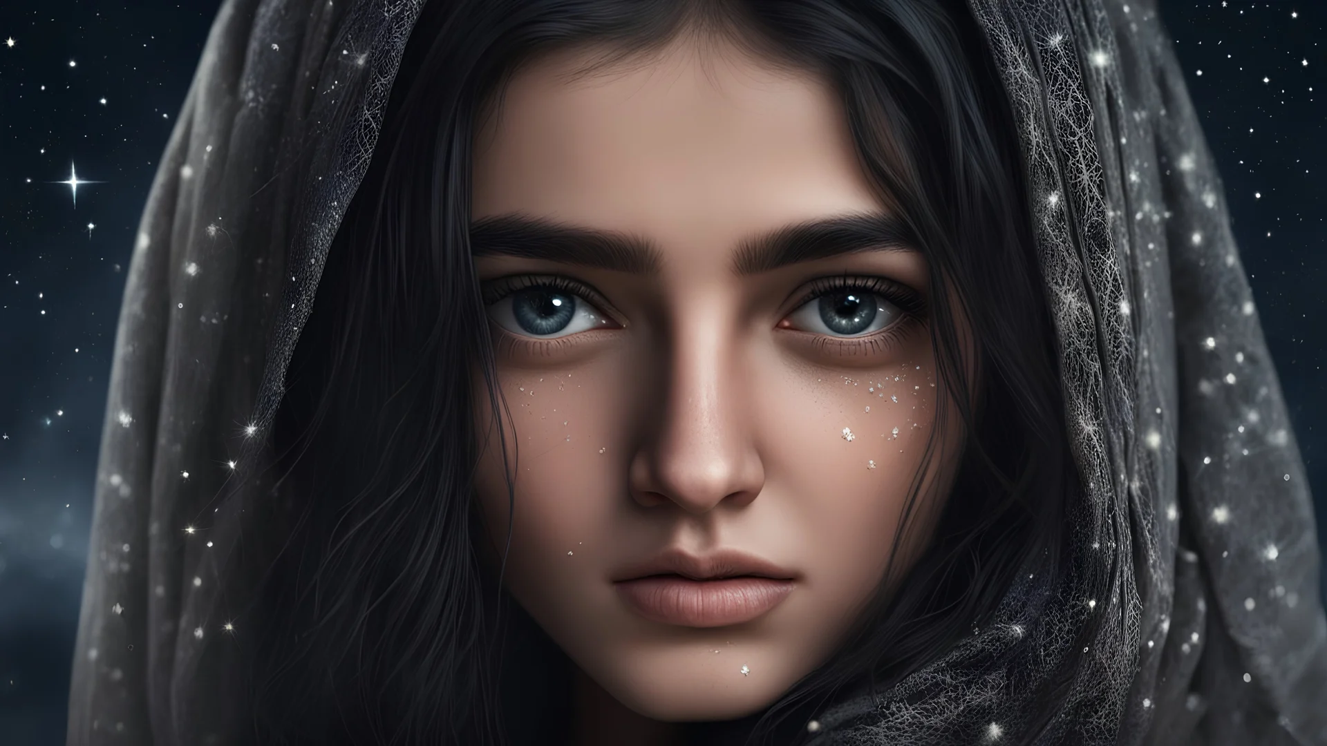 Hyper Realistic closeup-face-view of a Sad-Young-Beautiful-Pashto-Woman-with-beautiful-eyes-with-tears-&-long-black-hair at dark-night-with-stars-on-sky