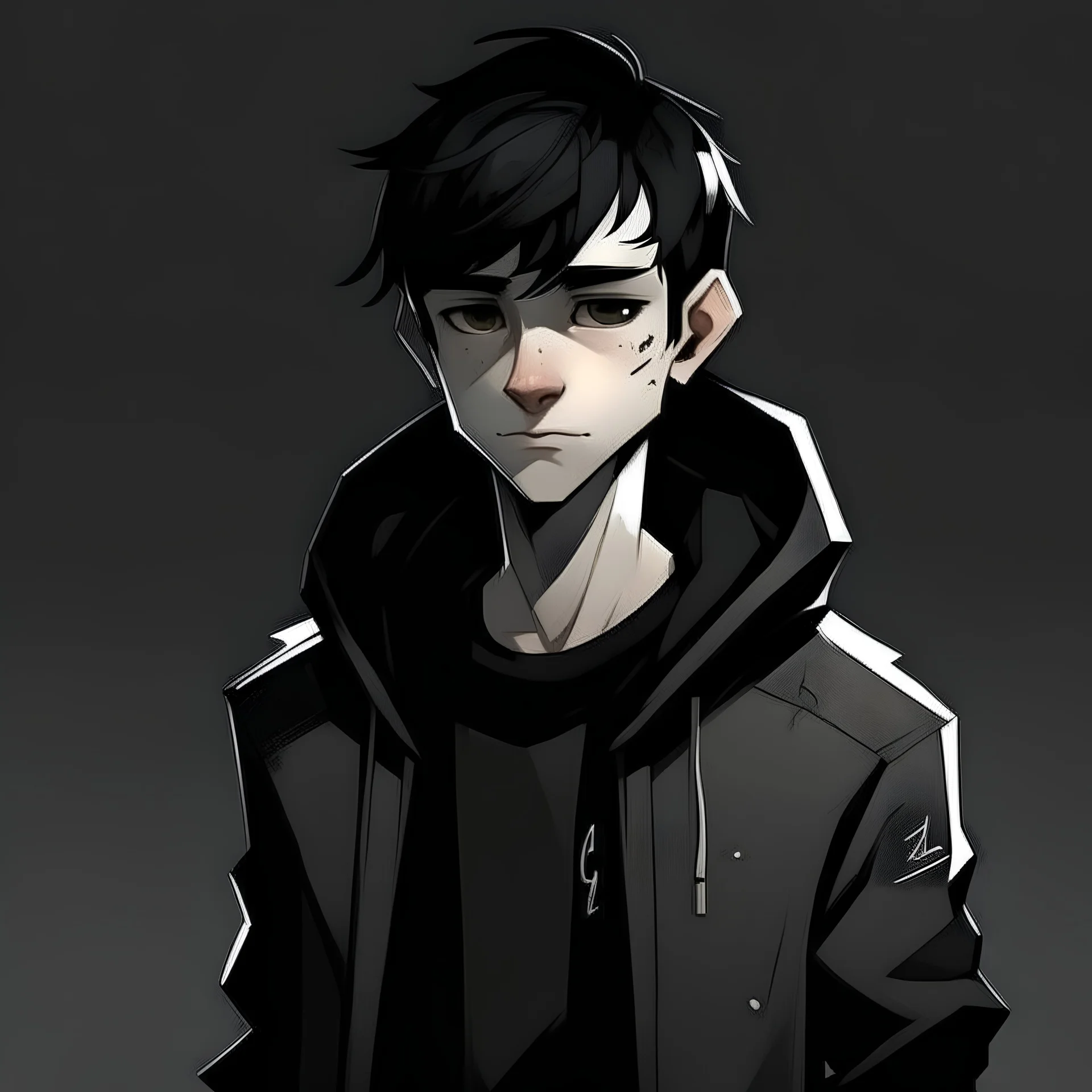 animated guy with white skin, short and messy hair that is black with white streaks through it, wearing long, black jacket
