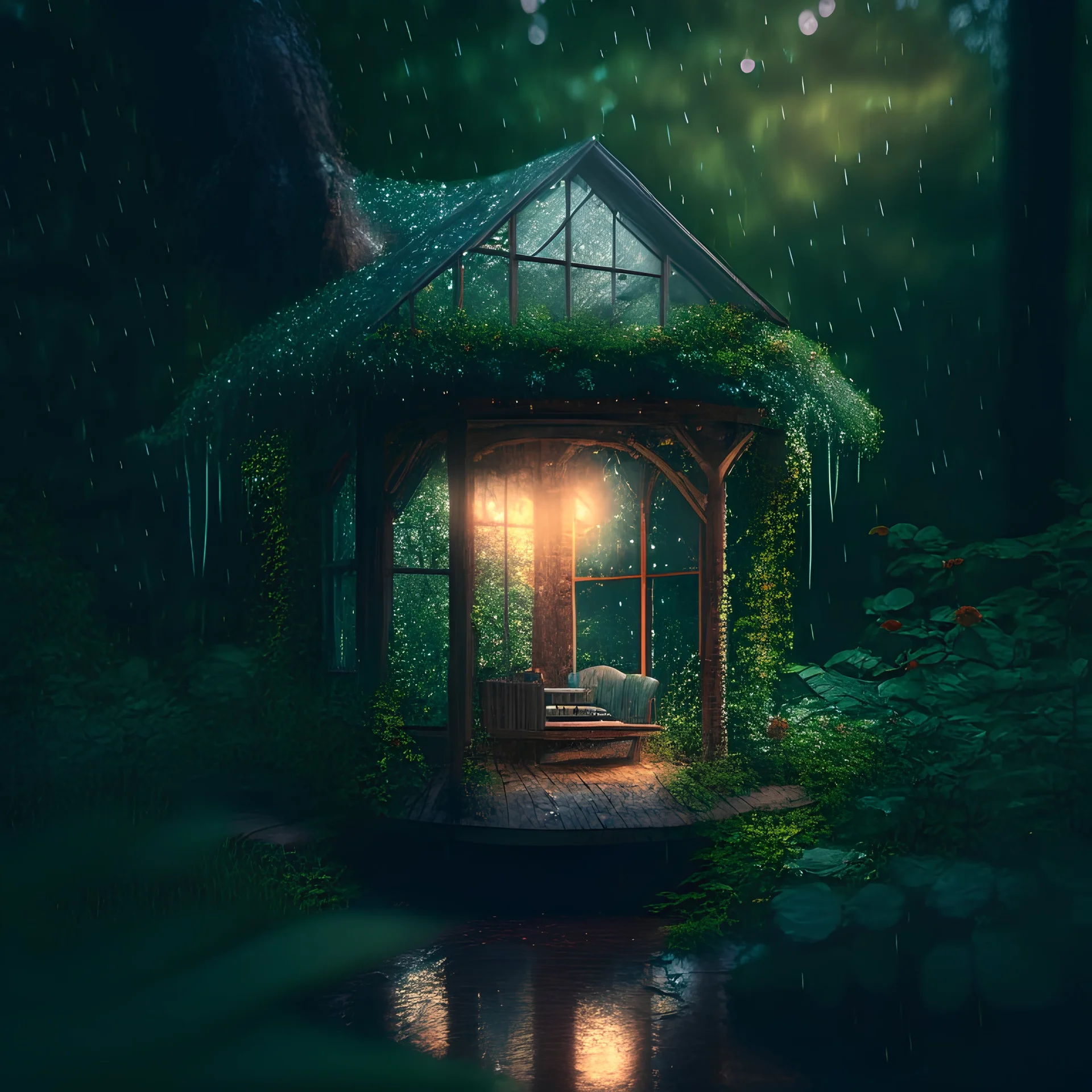 terrario with universe in, A cottage in the middle of a woods, with a rocking chair on its porch. Surrounded by lush greenery, and light rain falling. Comforting, high lighting, intricate, 8k, macro photography