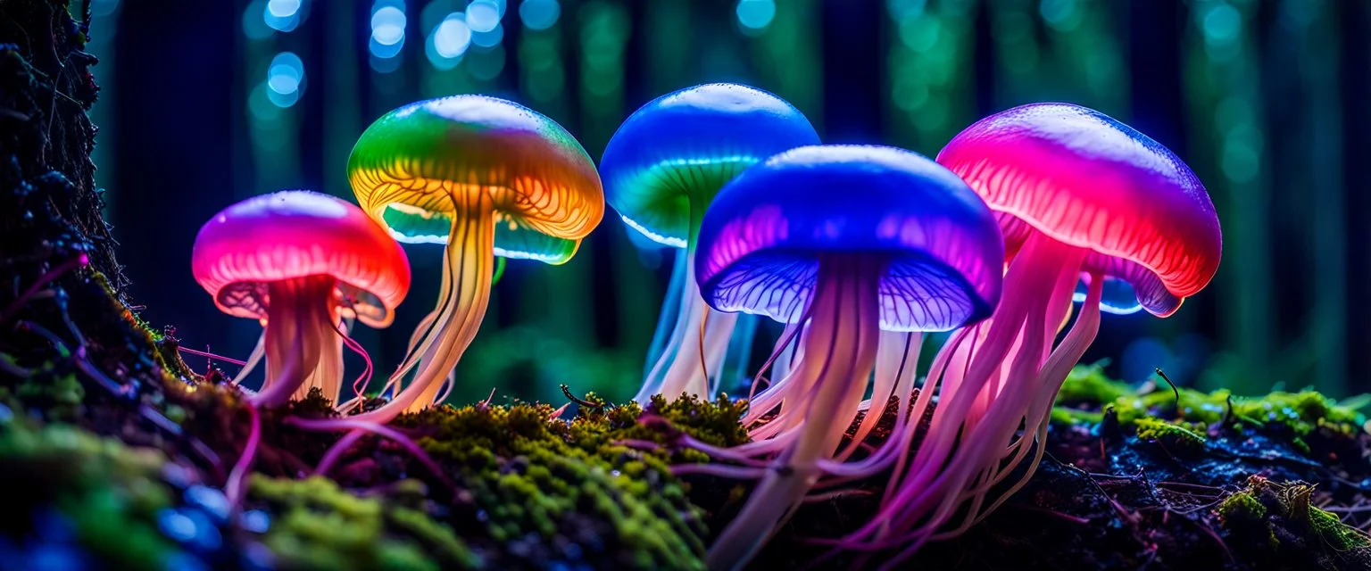 Giant bio luminous Rainbow floating JellyFish Fungus, fungal, light floating in a forest, Treeline, Alberta, scientist, Dystopian, Hyper detailed, Realistic, Extreme depth of field, bokeh blur, Alberta all-natural, National Geographic, in the style of candid, imperfection, natural lighting, cinematic, Fuji Film, Anamorphic lens, 2040s, --ar 4:5 --w 150 --style raw