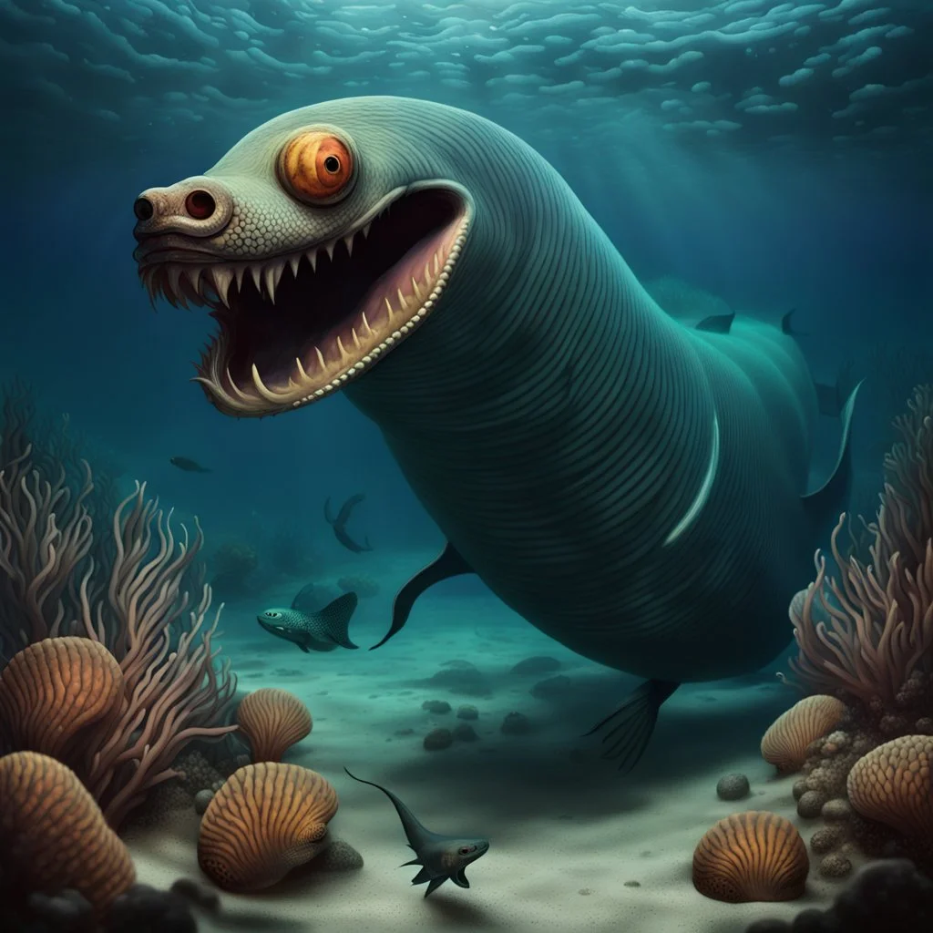 a sea monster with a dog's head, the body of a moray eel, fins of a fish, swims in the ocean