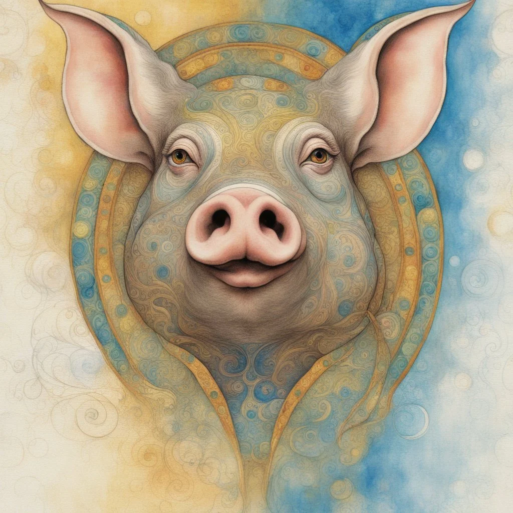 Leonardo Da Vinci's stunning psychedelic masterpiece of a fascinating pig head with extraordinary eyes and elongated ears, with colorful ink, shows Leonardo's style. Adorned with intricate swirls, dots and patterns on white background. Vibrant blue, green, gold, silver, amber, warm yellow and platinum layer recalls the colors of Gustav Klimt. Delicate pencil-like lines create timeless hand-drawn quality. The pig's face is central focus, vector style, preserving the essence of hand-drawn work