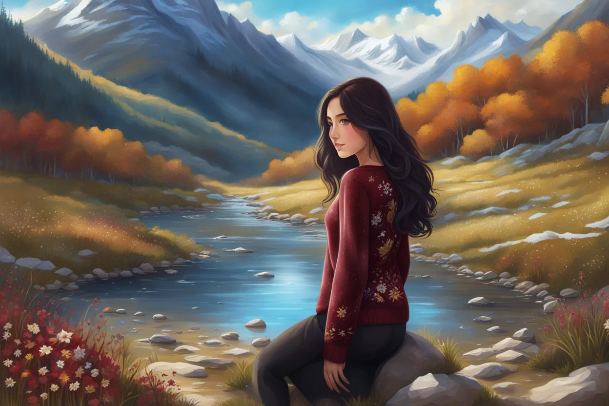 country side ,blue sky , snow on mountains, pretty clouds ,small rocky river with clear water small rocks in floor,wild flowers,beautiful Snow White, long shiny black curvy hair, wearing a burgundy sweater with the word Azerbeyjan written on it, in gold, work clothes, standing, super realistic Fairy lights, intricate detail, texture, depth, vividness, movement, namex, energy, bioluminescence, stunning, epic, ultra-detailed, 8K photography by Miki Asai Macro, close-up, extremely detailed, po