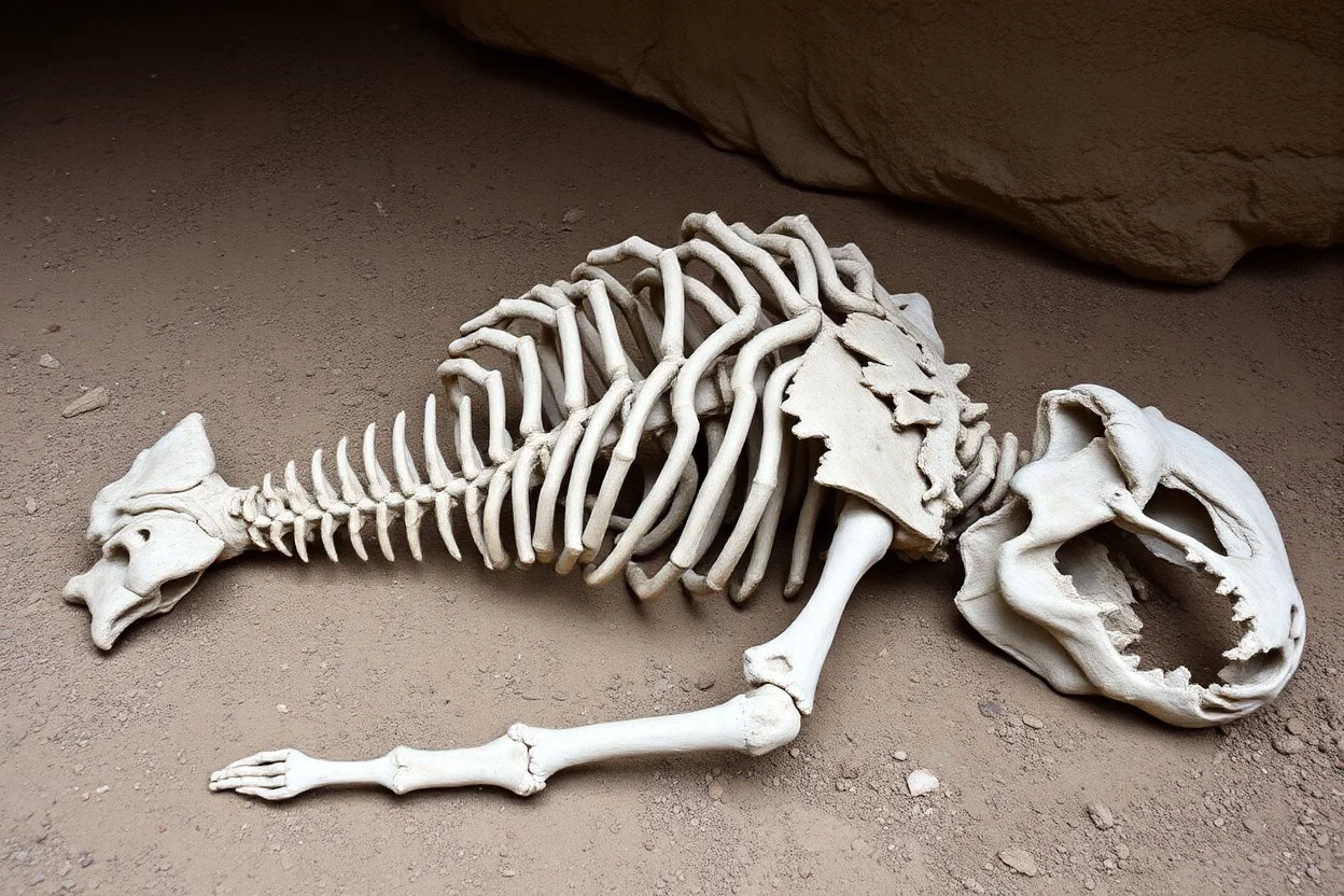 The petrified and crumbling skeleton of a huge creature lying upside down on the ground