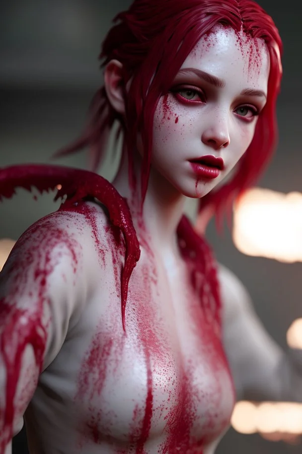 Photoreal gorgeous shot of a goth female, darkred slime, 8k, high detail, smooth render, unreal engine 5, cinema 4d, HDR, dust effect, vivid colors