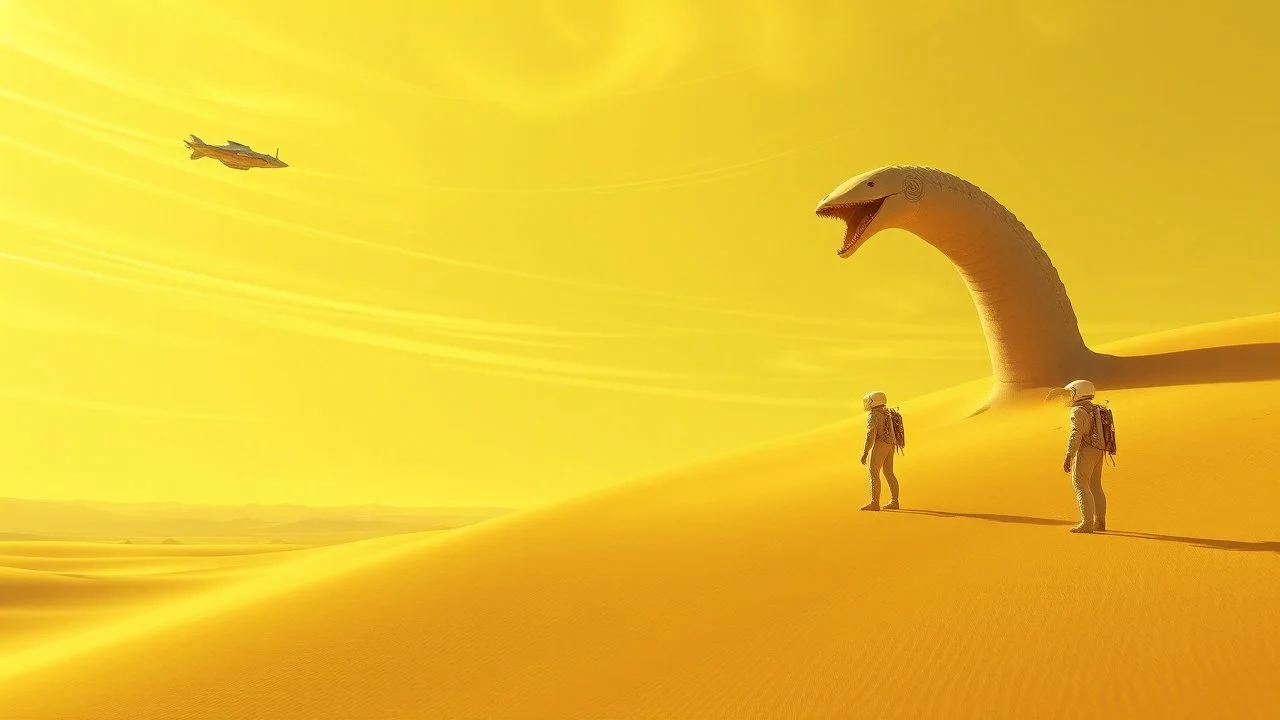 Science fiction-themed digital artwork depicting a vast desert landscape under a yellow sky with wispy clouds. The layout features a large sand dune in the foreground, with a massive, worm-like creature emerging from the sand on the right side. A person in a white spacesuit with a helmet and backpack is positioned near the creature, appearing to be in motion. In the upper left corner, a futuristic, blue and silver flying vehicle hovers in the air. The overall color palette includes shades of yel