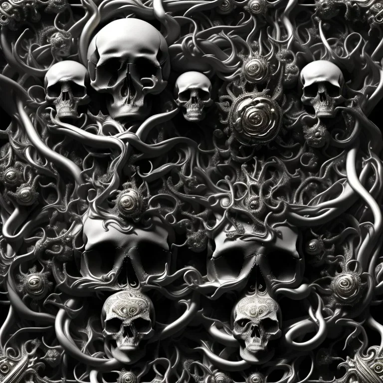 the source of future growth dramatic, elaborate emotive metallic Baroque and Rococo styles to emphasise death as a transcendental, seamless pattern, symmetrical, large motifs, sistine chapel ceiling, 8k image, sharp focus, gothic mothifs and (skulls:1) in rococo style, black metal forge, black colors, perfect symmetry, 3D, no blur, sharp focus, photorealistic, insanely detailed and intricate, cinematic lighting, Octane render, epic scene, 8K