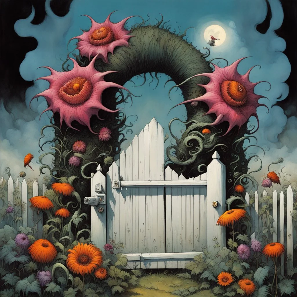 Intimidating garden flowers with teeth and claws grow beside a white picket fence gate, Surreal magical monstrous flowers, by Dave McKean, by Michael Whelan, by Yves Tanguy, sinister, modern comic book art, reactive UV dark colors, palpable textures, Whelan's distinctive visceral style and detailed line work, rich sharp colors