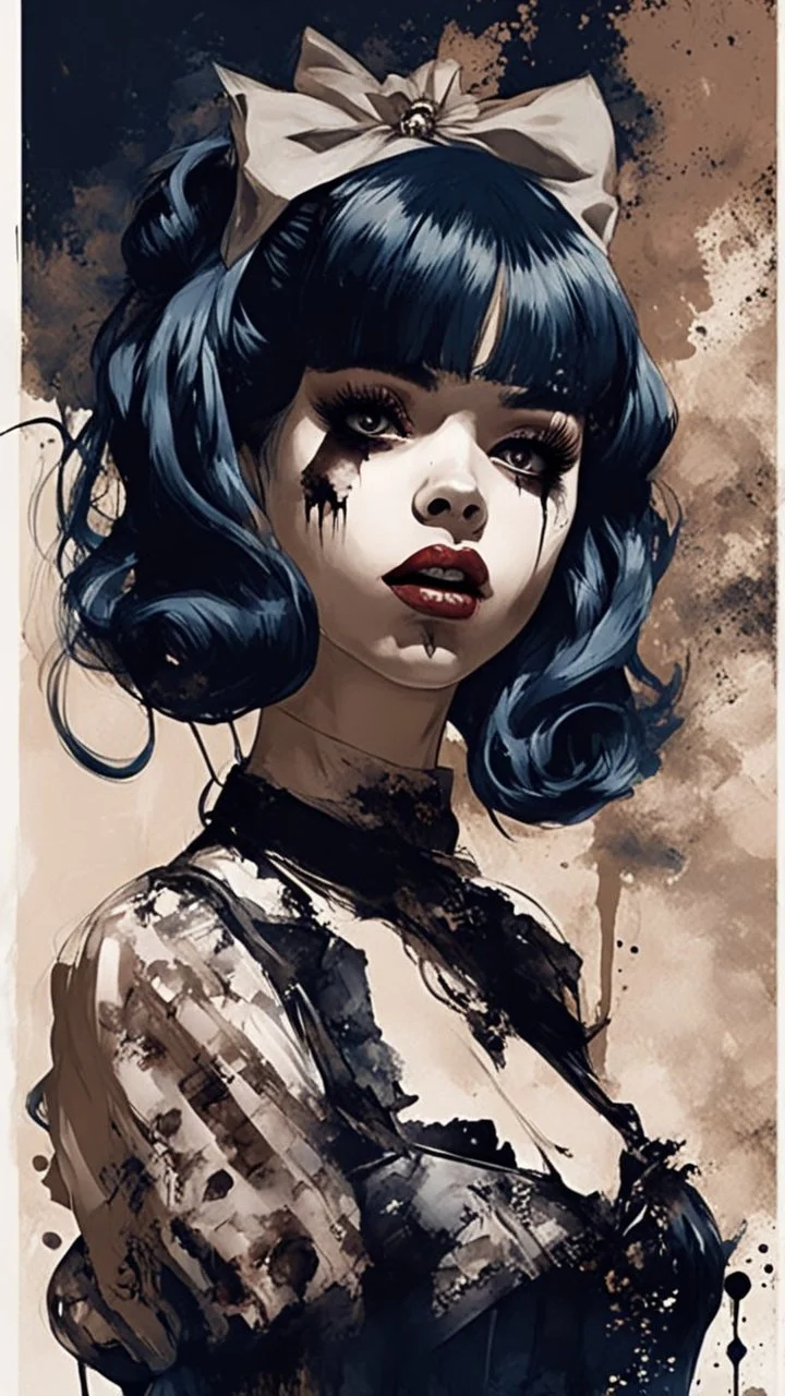 Poster in two gradually, a one side malevolent goth vampire girl face and other side the Singer Melanie Martinez face, full body, painting by Yoji Shinkawa, darkblue and sepia tones,