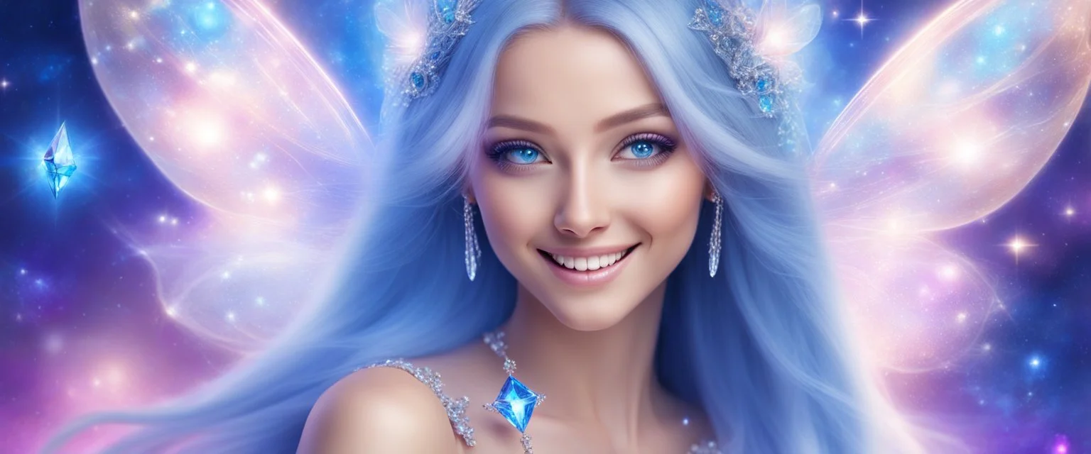 entire face and head of a beautiful bright fairy cosmic women with cosmic long straight hair, crystal jewel and dressed with a magic crystal suit. she has light make up and a sweety smile. The face and the head is entire with a bright light behind