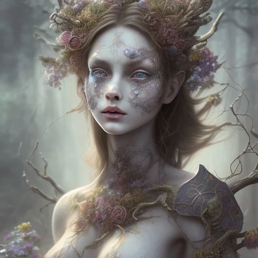 karlan, rusty metal, anime, Dryad, fae, sidhe, ominous, nature, plants, wildflower, facepaint, dnd character portrait, intricate, oil on canvas, masterpiece, expert, insanely detailed, 4k resolution, retroanime style, cute big circular reflective eyes, cinematic smooth, intricate detail , soft smooth lighting, soft pastel colors, painted Rena