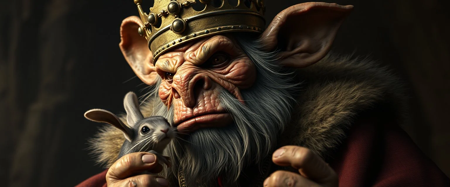 king troll mouse rabbit orc in style of Rembrandt and Fallout 4, with motion blur