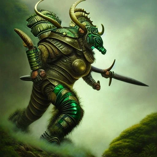 a Big-horn Ram warrior in forest green and gold battle armor, a highly detailed illustration, background of Inka jungle, realistic render, 8 k, micro detail, intricate, elegant, centered, digital painting, Artstation, smooth, sharp focus, illustration, artgerm, tomasz alen kopera, peter mohrbacher, donato giancola, joseph christian leyendecker, wlop, boris vallejo