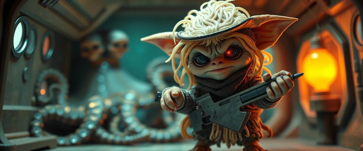 air brush 3d with pen outline,spaghetti boss gunslinger western fluffy elder gremlin edgy hero with slightly glowing eyes in front of glistening space octopi, shallow depth of field, warm lantern, pin hole cam in doll house space ship, bottom floor board edge border